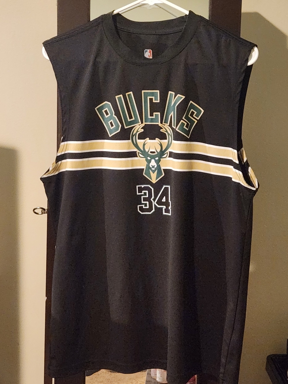 NBA Black Sleeveless Bucks Jersey Top with Green and Gold Accents
